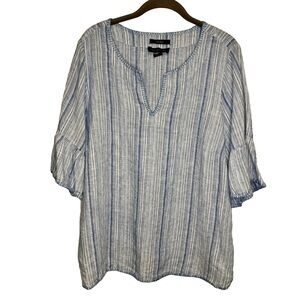 Tahari 100% Linen Blue Stripe Split Neck Tunic Top Ruffle Short Sleeves Small
